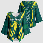Australian Opals Basketball Kimono Sleeve Blouse Iconic Green And Gold Silhouette With Sharp Abstract Graphics