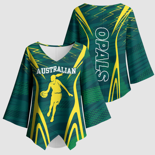 Australian Opals Basketball Kimono Sleeve Blouse Iconic Green And Gold Silhouette With Sharp Abstract Graphics