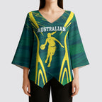 Australian Opals Basketball Kimono Sleeve Blouse Iconic Green And Gold Silhouette With Sharp Abstract Graphics