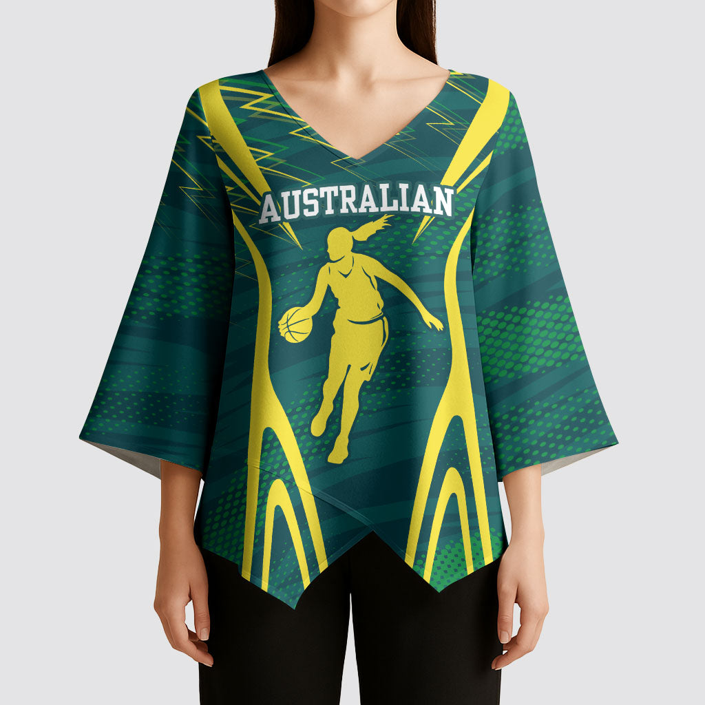 Australian Opals Basketball Kimono Sleeve Blouse Iconic Green And Gold Silhouette With Sharp Abstract Graphics