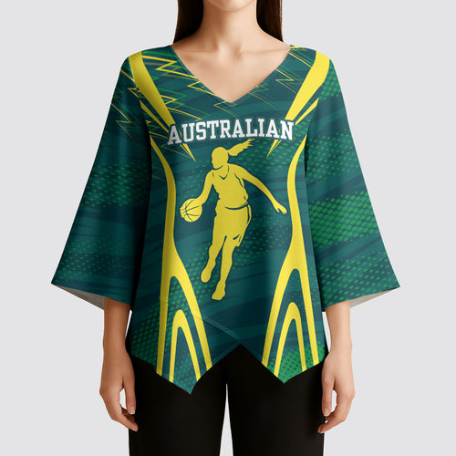 Australian Opals Basketball Kimono Sleeve Blouse Iconic Green And Gold Silhouette With Sharp Abstract Graphics