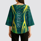 Australian Opals Basketball Kimono Sleeve Blouse Iconic Green And Gold Silhouette With Sharp Abstract Graphics