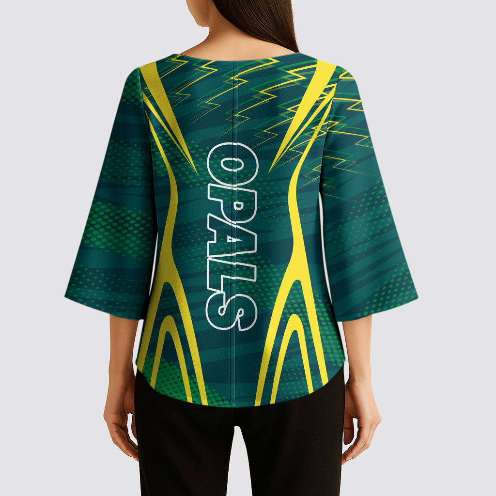 Australian Opals Basketball Kimono Sleeve Blouse Iconic Green And Gold Silhouette With Sharp Abstract Graphics