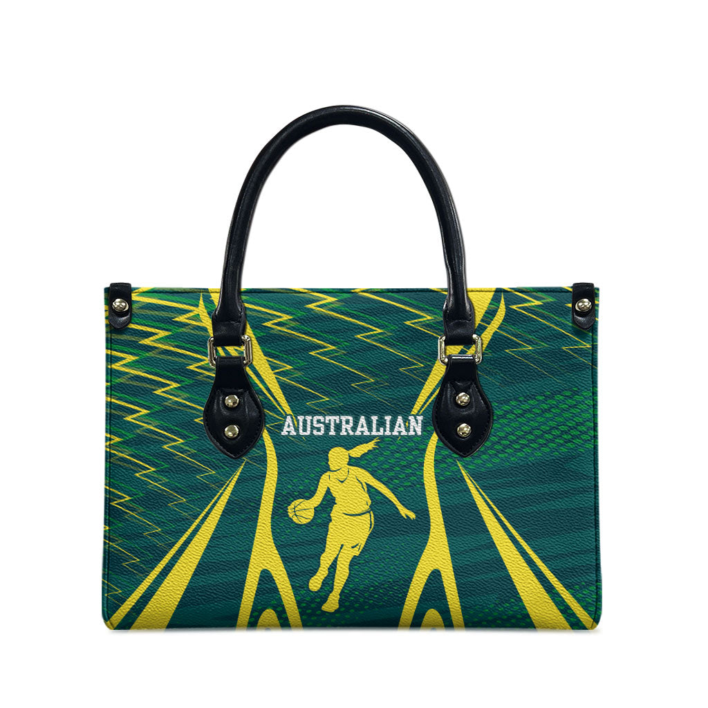 Australian Opals Basketball Leather Bag Iconic Green And Gold Silhouette With Sharp Abstract Graphics
