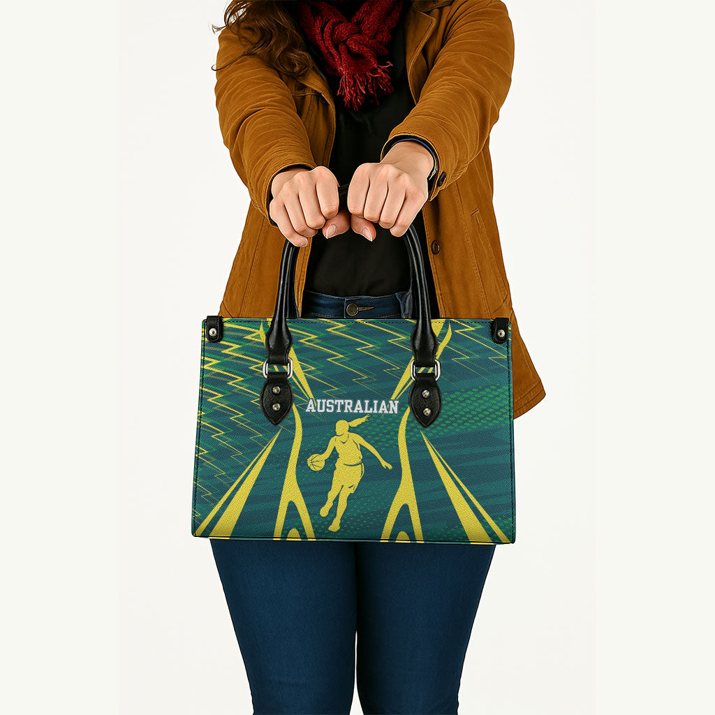 Australian Opals Basketball Leather Bag Iconic Green And Gold Silhouette With Sharp Abstract Graphics