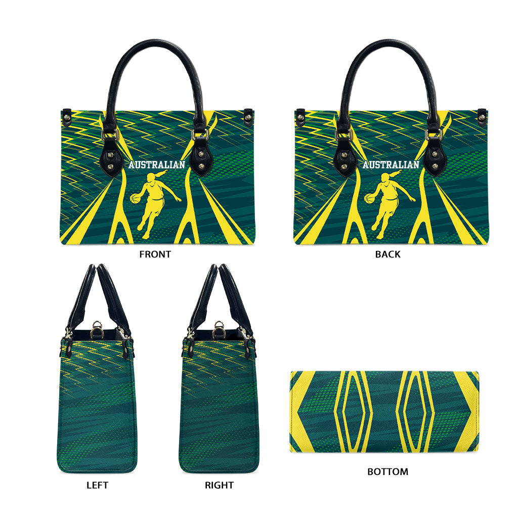 Australian Opals Basketball Leather Bag Iconic Green And Gold Silhouette With Sharp Abstract Graphics