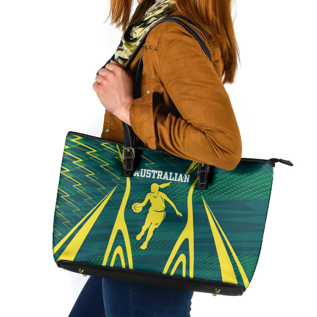 Australian Opals Basketball Leather Tote Bag Iconic Green And Gold Silhouette With Sharp Abstract Graphics