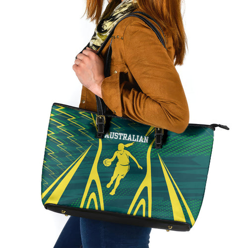 Australian Opals Basketball Leather Tote Bag Iconic Green And Gold Silhouette With Sharp Abstract Graphics