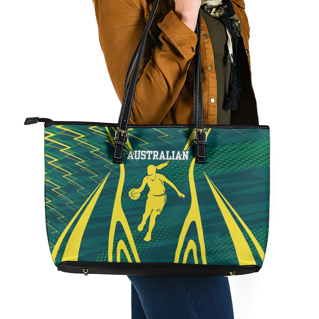 Australian Opals Basketball Leather Tote Bag Iconic Green And Gold Silhouette With Sharp Abstract Graphics