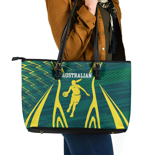 Australian Opals Basketball Leather Tote Bag Iconic Green And Gold Silhouette With Sharp Abstract Graphics