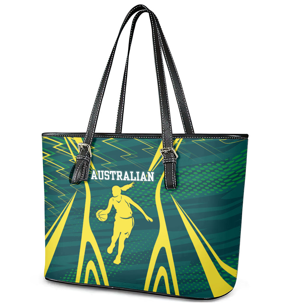 Australian Opals Basketball Leather Tote Bag Iconic Green And Gold Silhouette With Sharp Abstract Graphics