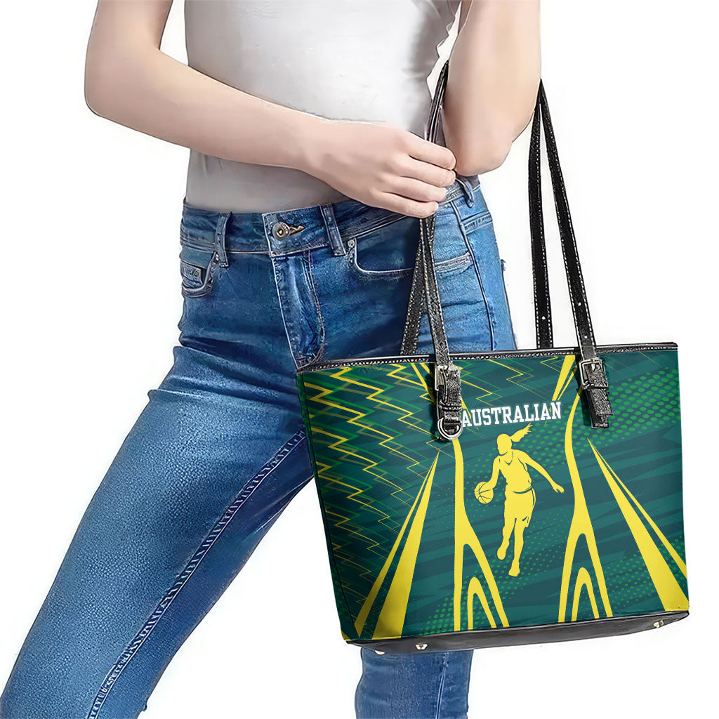 Australian Opals Basketball Leather Tote Bag Iconic Green And Gold Silhouette With Sharp Abstract Graphics