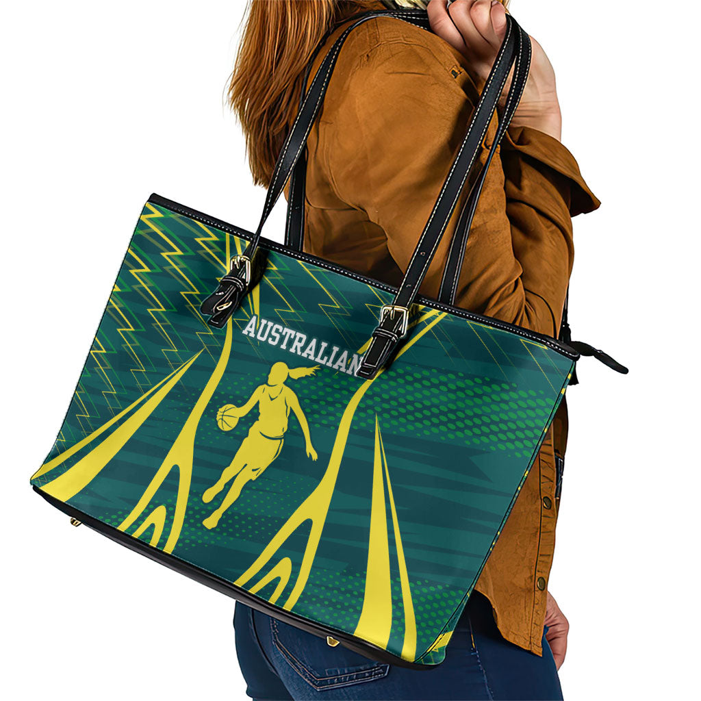 Australian Opals Basketball Leather Tote Bag Iconic Green And Gold Silhouette With Sharp Abstract Graphics