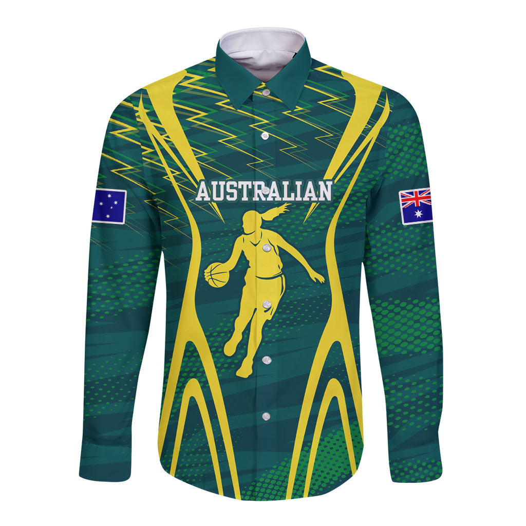 Australian Opals Basketball Long Sleeve Button Shirt Iconic Green And Gold Silhouette With Sharp Abstract Graphics