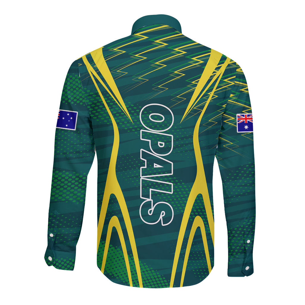 Australian Opals Basketball Long Sleeve Button Shirt Iconic Green And Gold Silhouette With Sharp Abstract Graphics