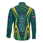 Australian Opals Basketball Long Sleeve Button Shirt Iconic Green And Gold Silhouette With Sharp Abstract Graphics