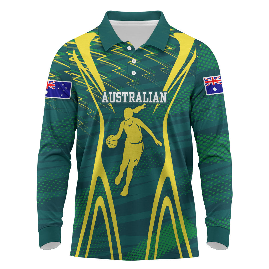 Australian Opals Basketball Long Sleeve Polo Shirt Iconic Green And Gold Silhouette With Sharp Abstract Graphics