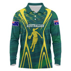 Australian Opals Basketball Long Sleeve Polo Shirt Iconic Green And Gold Silhouette With Sharp Abstract Graphics