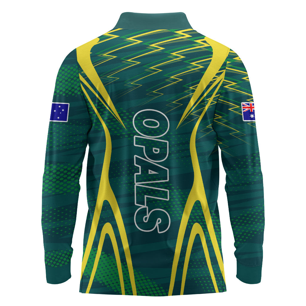 Australian Opals Basketball Long Sleeve Polo Shirt Iconic Green And Gold Silhouette With Sharp Abstract Graphics