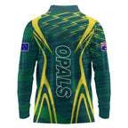 Australian Opals Basketball Long Sleeve Polo Shirt Iconic Green And Gold Silhouette With Sharp Abstract Graphics