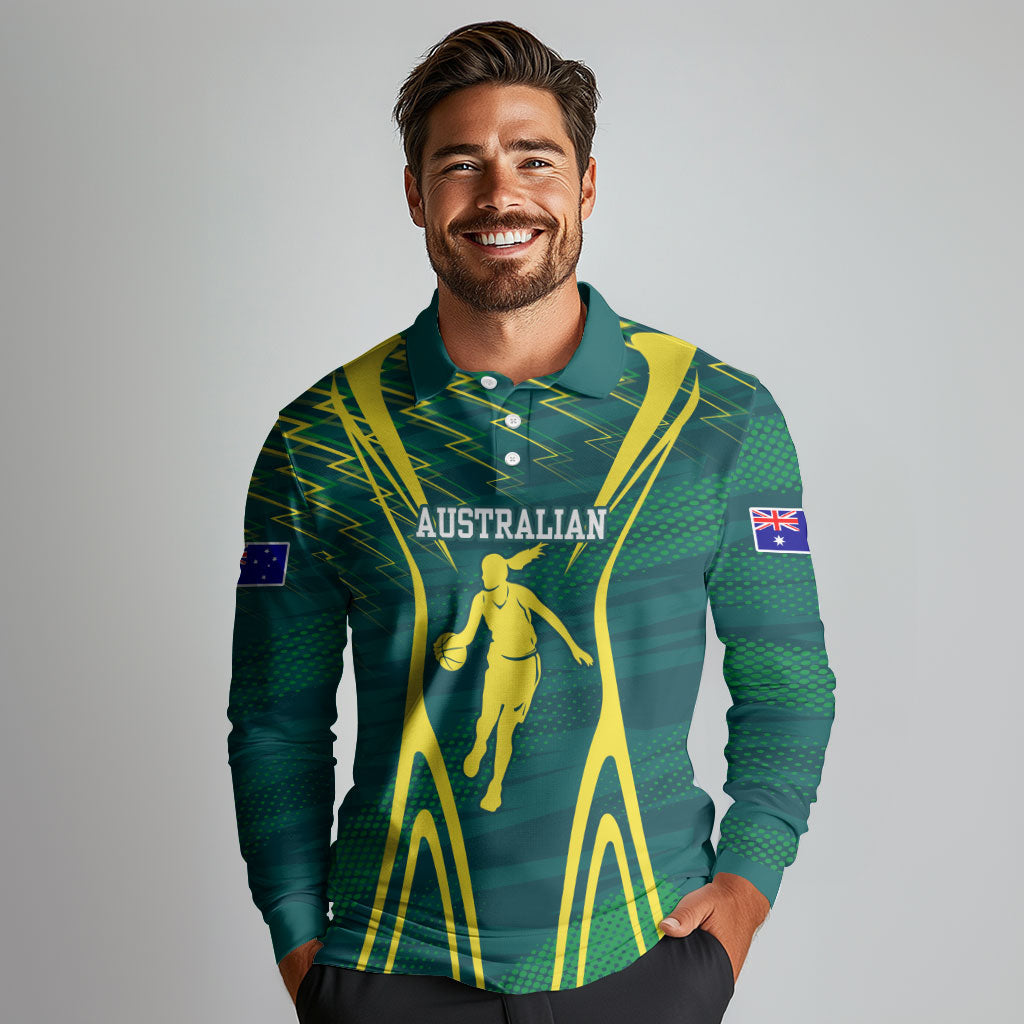 Australian Opals Basketball Long Sleeve Polo Shirt Iconic Green And Gold Silhouette With Sharp Abstract Graphics