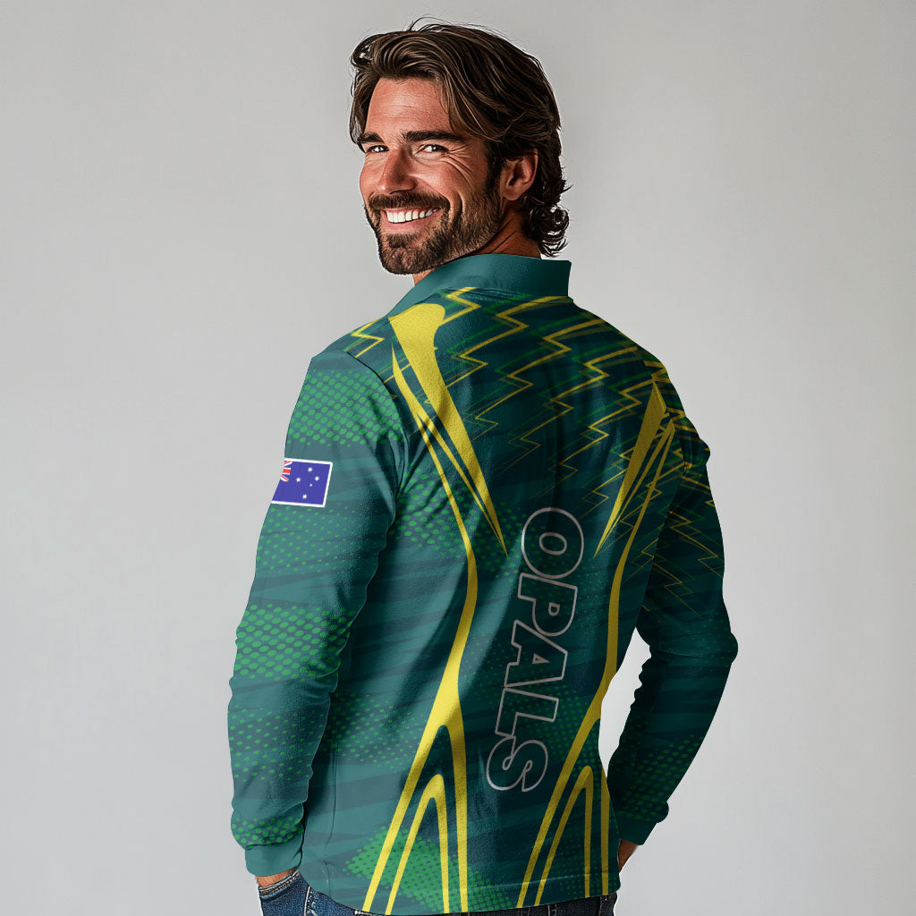 Australian Opals Basketball Long Sleeve Polo Shirt Iconic Green And Gold Silhouette With Sharp Abstract Graphics
