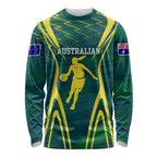 Australian Opals Basketball Long Sleeve Shirt Iconic Green And Gold Silhouette With Sharp Abstract Graphics