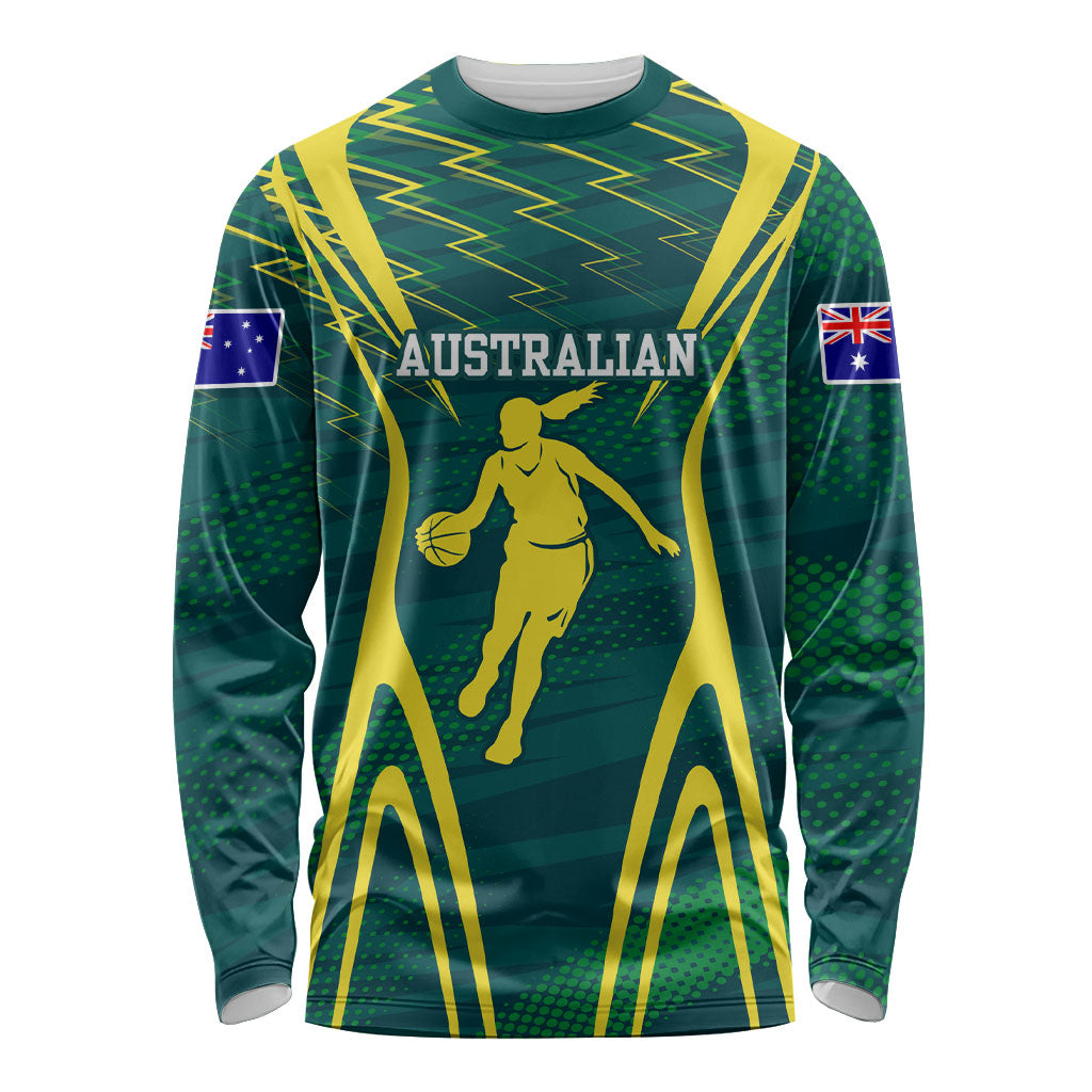 Australian Opals Basketball Long Sleeve Shirt Iconic Green And Gold Silhouette With Sharp Abstract Graphics