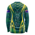 Australian Opals Basketball Long Sleeve Shirt Iconic Green And Gold Silhouette With Sharp Abstract Graphics