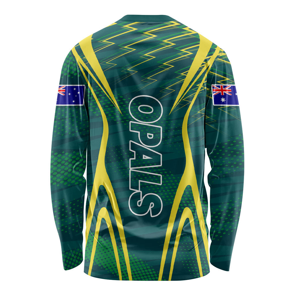 Australian Opals Basketball Long Sleeve Shirt Iconic Green And Gold Silhouette With Sharp Abstract Graphics
