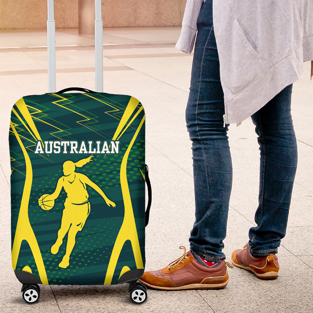 Australian Opals Basketball Luggage Cover Iconic Green And Gold Silhouette With Sharp Abstract Graphics