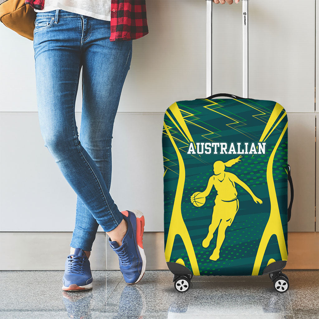 Australian Opals Basketball Luggage Cover Iconic Green And Gold Silhouette With Sharp Abstract Graphics