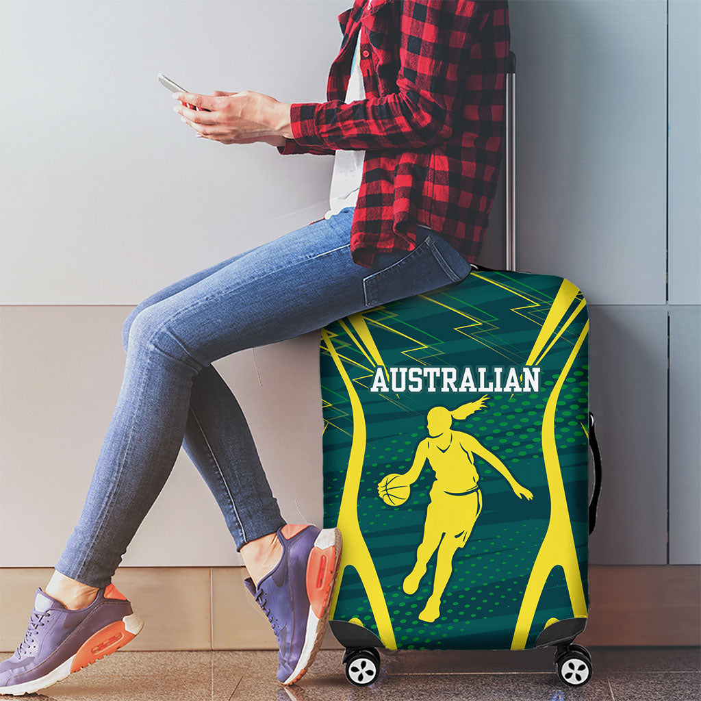 Australian Opals Basketball Luggage Cover Iconic Green And Gold Silhouette With Sharp Abstract Graphics