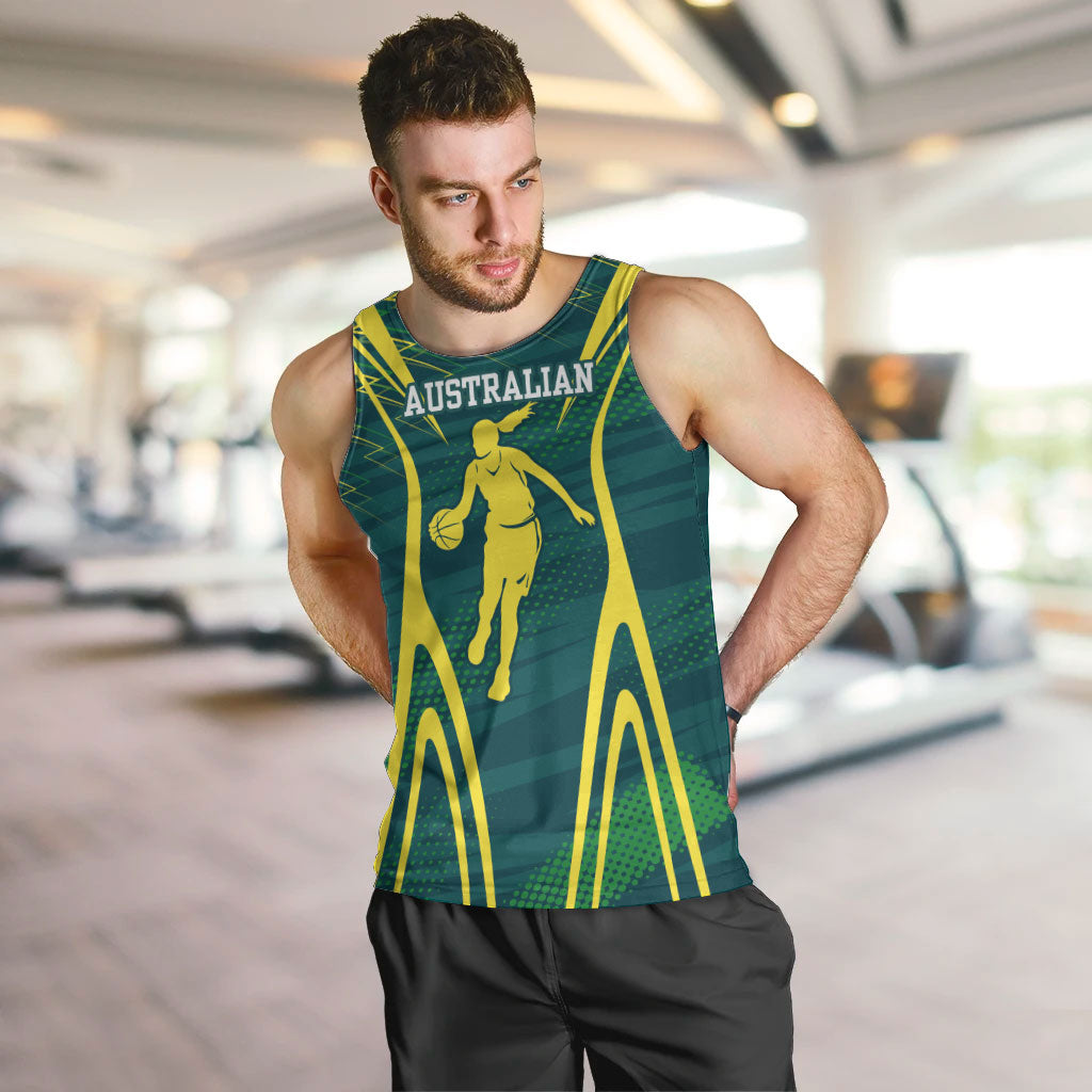 Australian Opals Basketball Men Tank Top Iconic Green And Gold Silhouette With Sharp Abstract Graphics