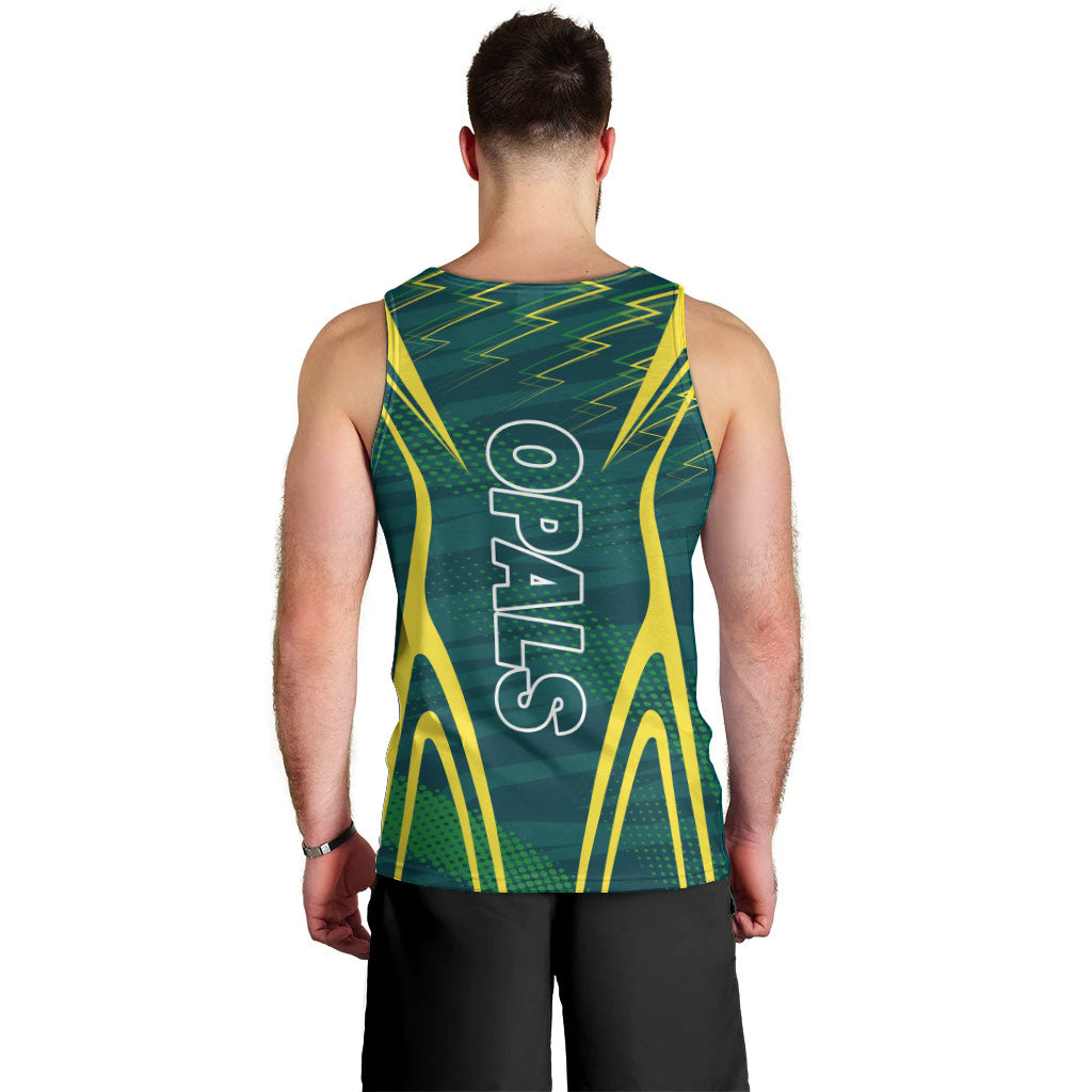 Australian Opals Basketball Men Tank Top Iconic Green And Gold Silhouette With Sharp Abstract Graphics