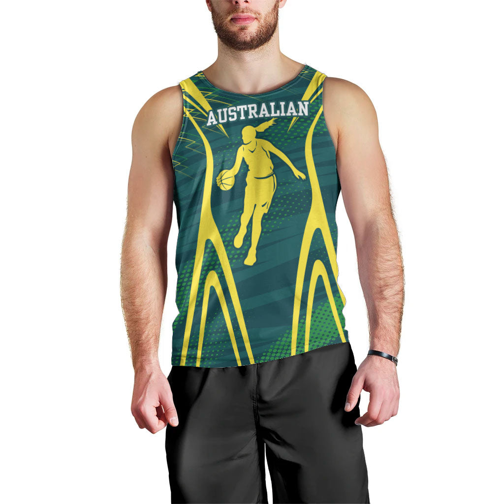Australian Opals Basketball Men Tank Top Iconic Green And Gold Silhouette With Sharp Abstract Graphics