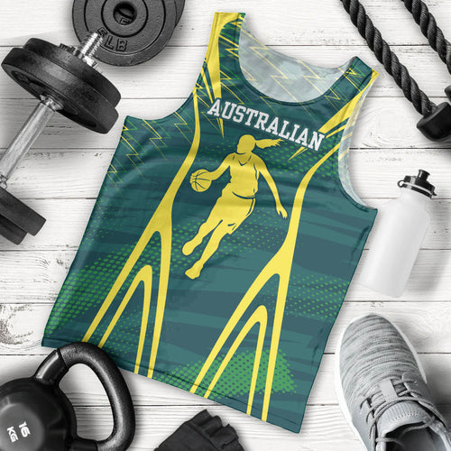 Australian Opals Basketball Men Tank Top Iconic Green And Gold Silhouette With Sharp Abstract Graphics