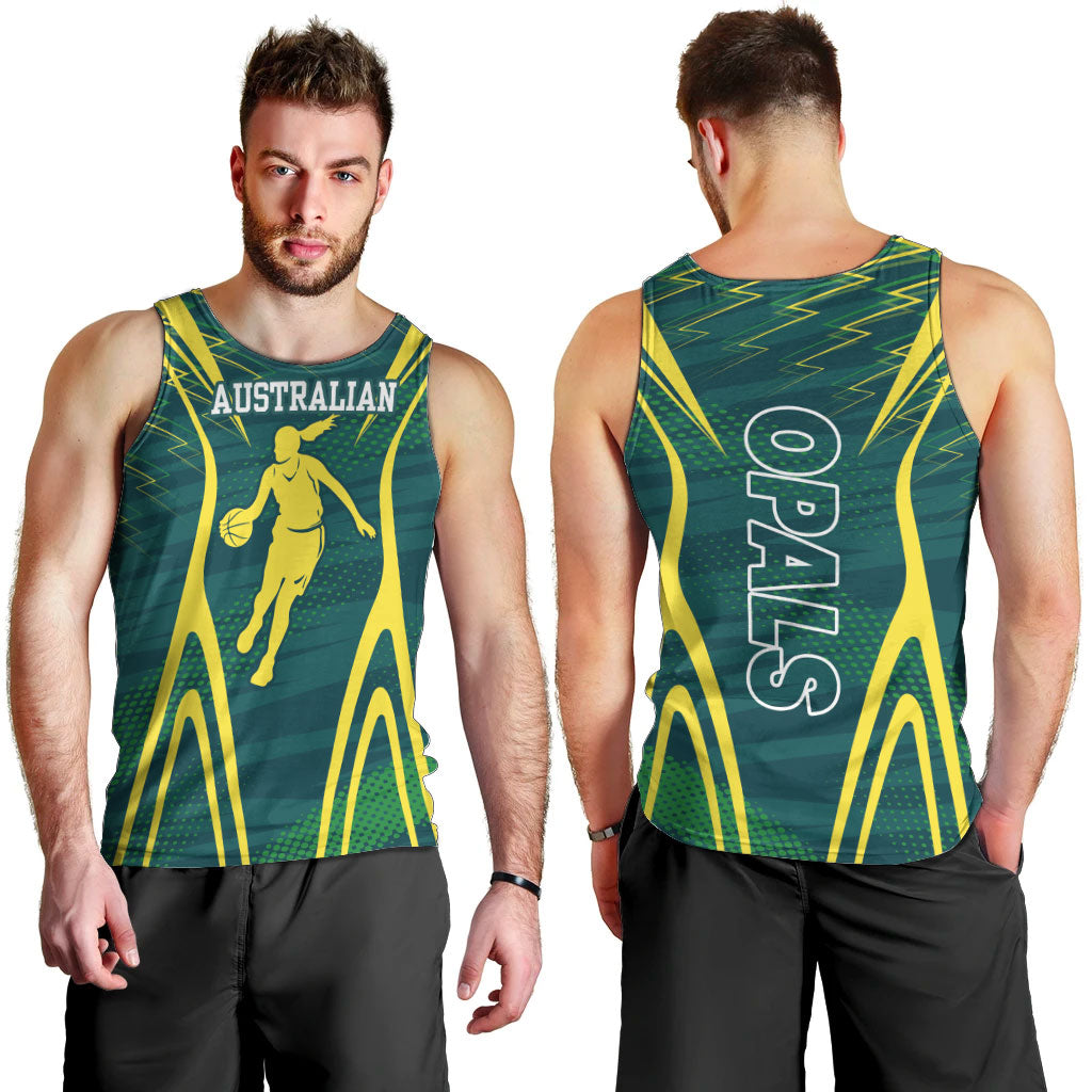 Australian Opals Basketball Men Tank Top Iconic Green And Gold Silhouette With Sharp Abstract Graphics