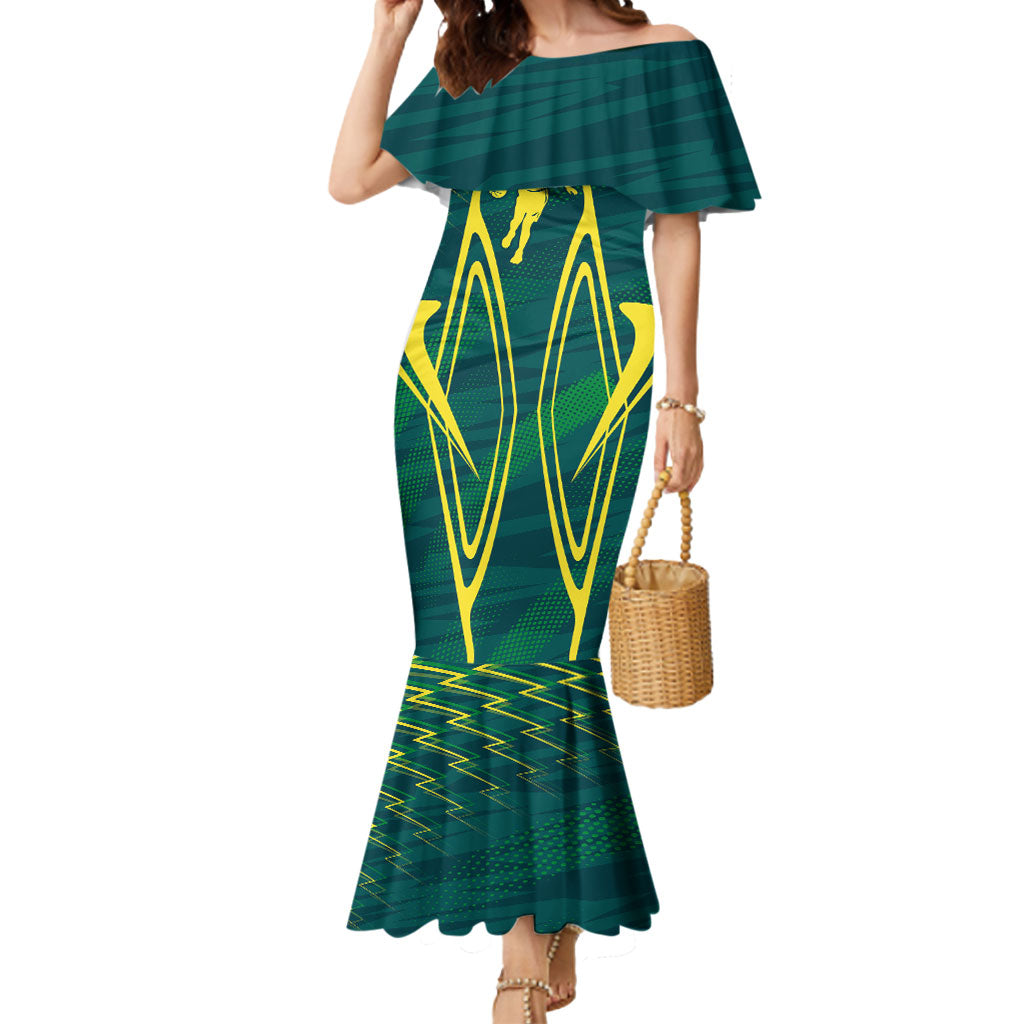 Australian Opals Basketball Mermaid Dress Iconic Green And Gold Silhouette With Sharp Abstract Graphics