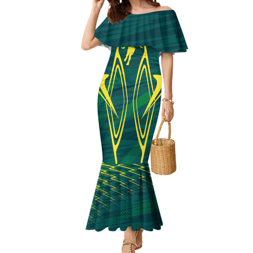 Australian Opals Basketball Mermaid Dress Iconic Green And Gold Silhouette With Sharp Abstract Graphics