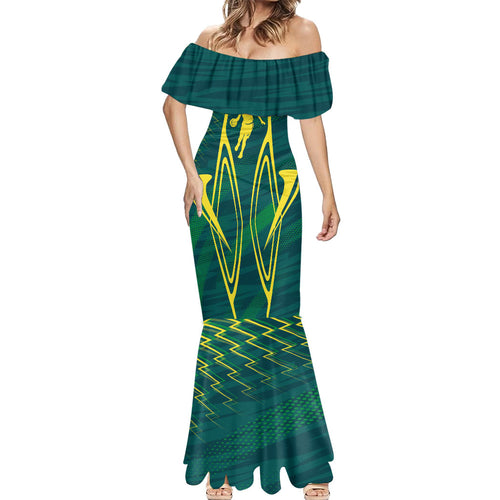 Australian Opals Basketball Mermaid Dress Iconic Green And Gold Silhouette With Sharp Abstract Graphics
