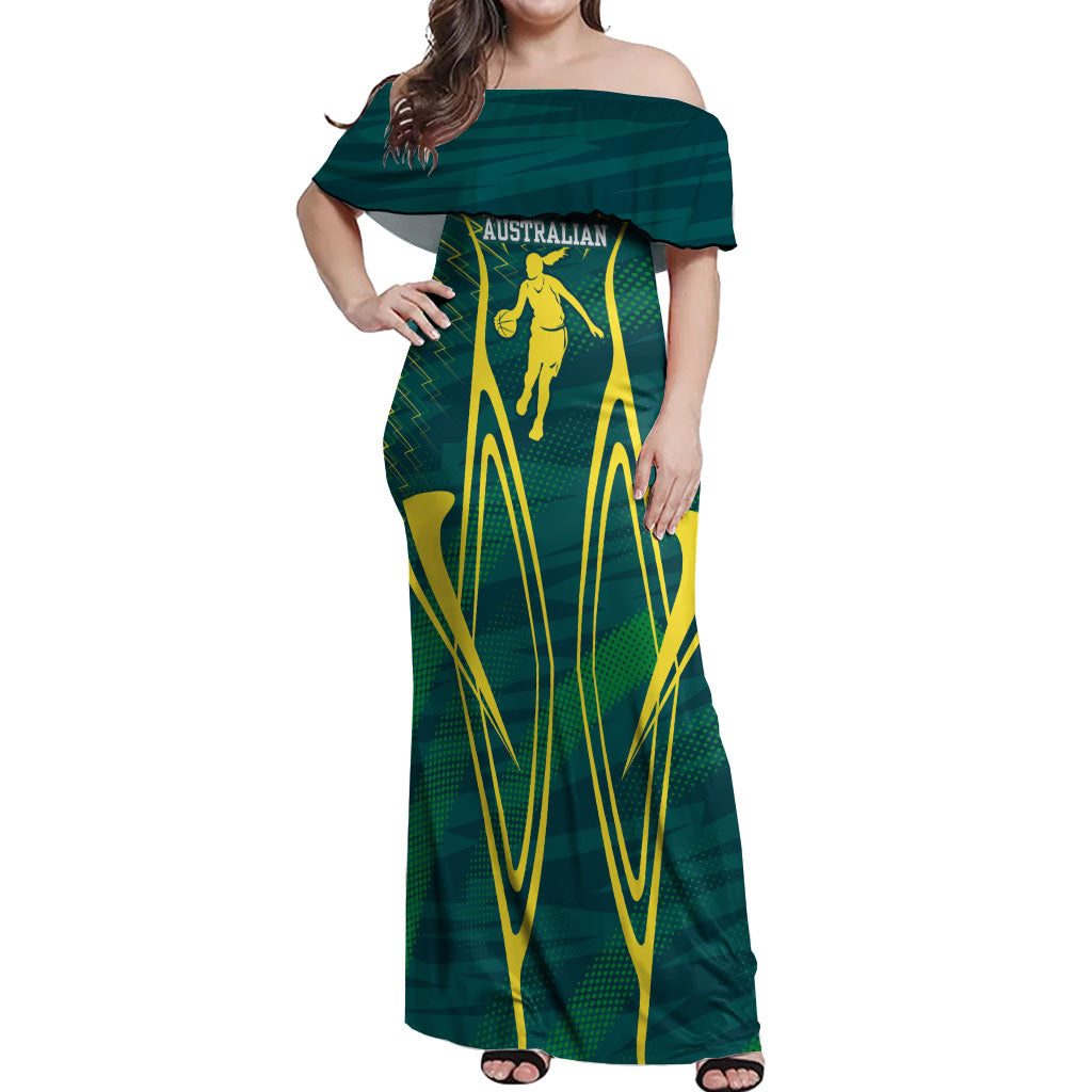 Australian Opals Basketball Off Shoulder Maxi Dress Iconic Green And Gold Silhouette With Sharp Abstract Graphics