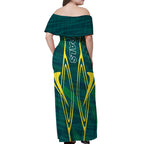 Australian Opals Basketball Off Shoulder Maxi Dress Iconic Green And Gold Silhouette With Sharp Abstract Graphics