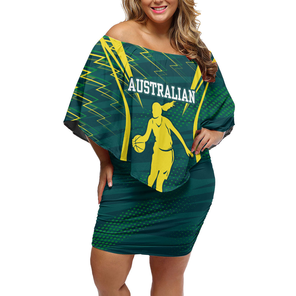 Australian Opals Basketball Off Shoulder Short Dress Iconic Green And Gold Silhouette With Sharp Abstract Graphics