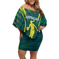 Australian Opals Basketball Off Shoulder Short Dress Iconic Green And Gold Silhouette With Sharp Abstract Graphics