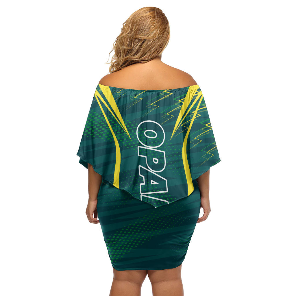 Australian Opals Basketball Off Shoulder Short Dress Iconic Green And Gold Silhouette With Sharp Abstract Graphics