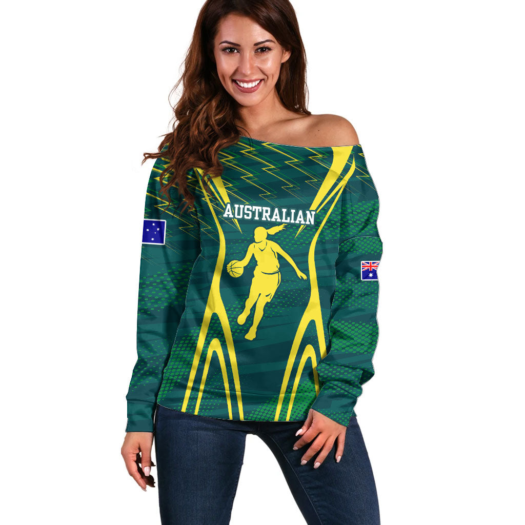 Australian Opals Basketball Off Shoulder Sweater Iconic Green And Gold Silhouette With Sharp Abstract Graphics