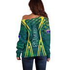 Australian Opals Basketball Off Shoulder Sweater Iconic Green And Gold Silhouette With Sharp Abstract Graphics