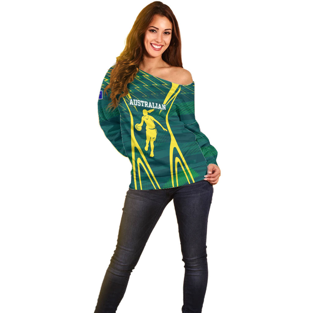 Australian Opals Basketball Off Shoulder Sweater Iconic Green And Gold Silhouette With Sharp Abstract Graphics