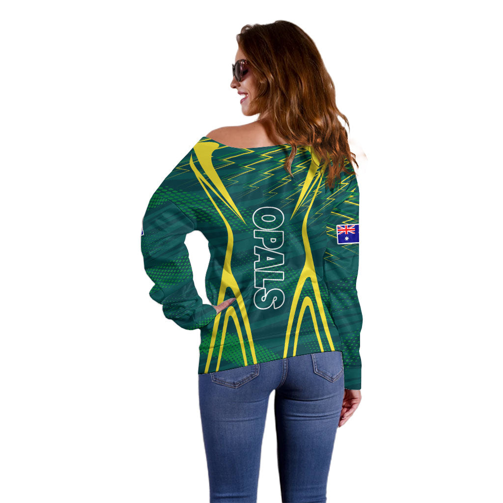 Australian Opals Basketball Off Shoulder Sweater Iconic Green And Gold Silhouette With Sharp Abstract Graphics